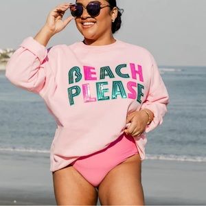 BEACH PLEASE CHENILLE PATCH LIGHT PINK OVERSIZED GRAPHIC SWEATSHIRT